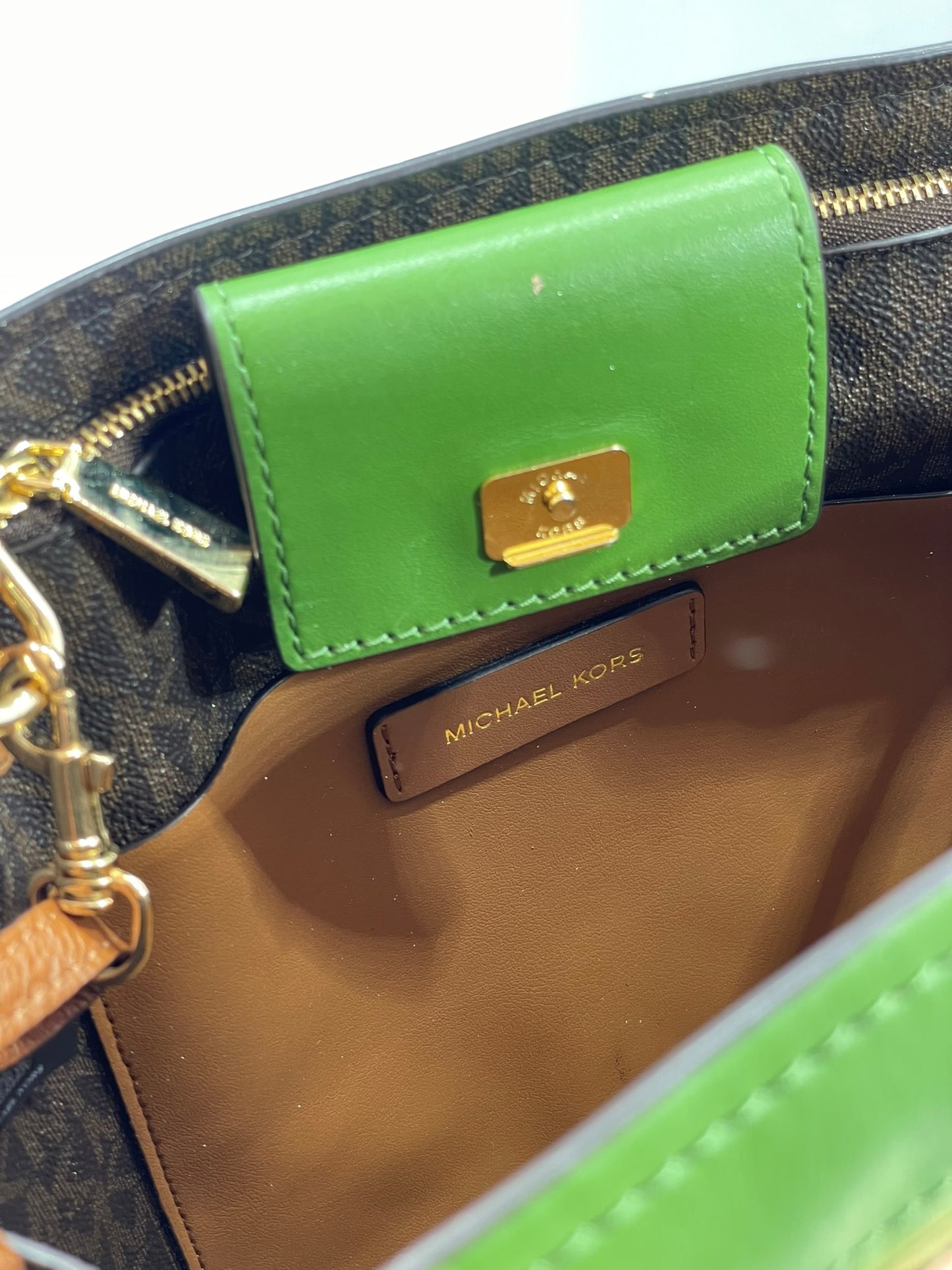 Michael Kors Benning Bag – Monogram with Green Trim