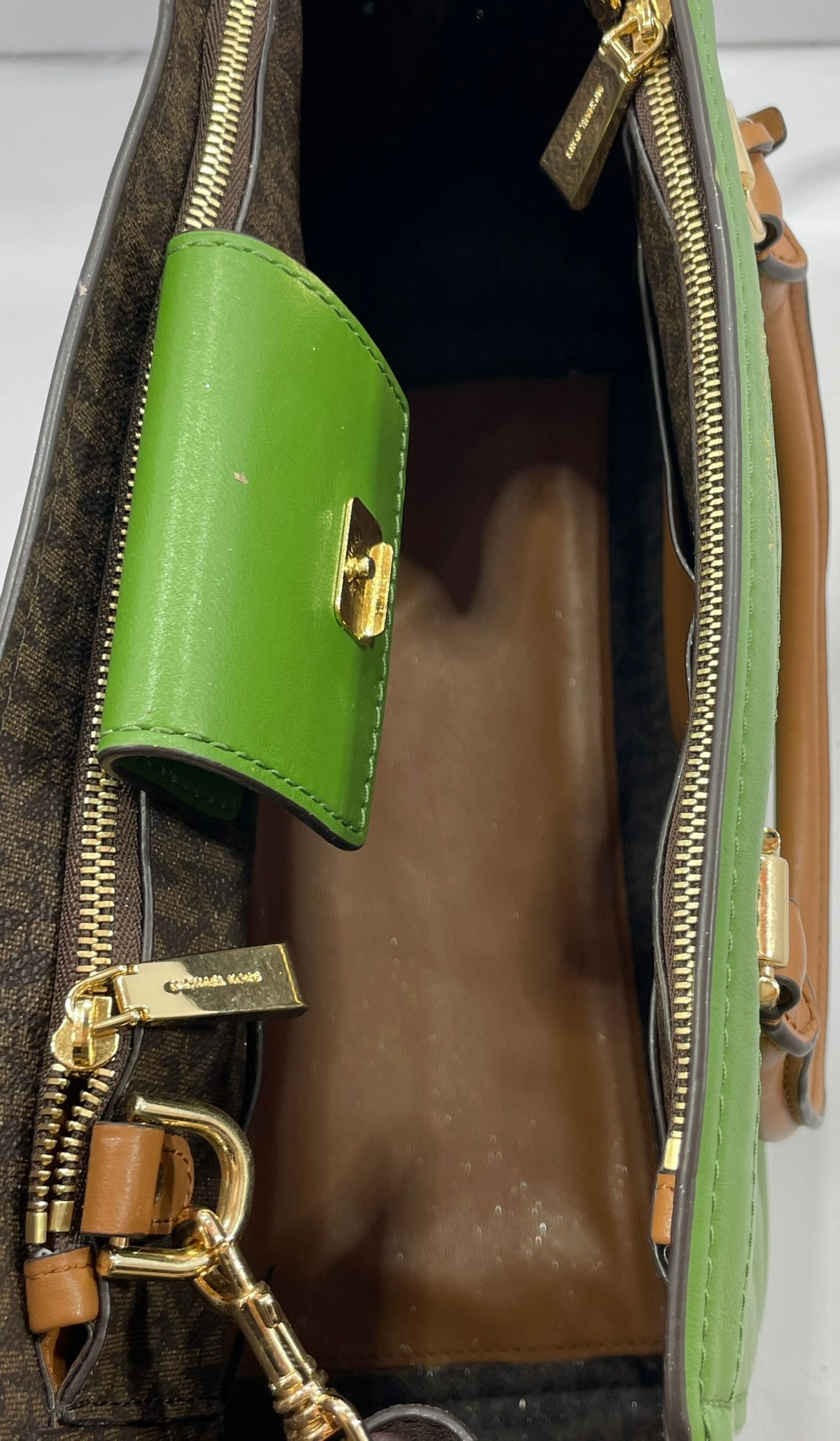 Michael Kors Benning Bag – Monogram with Green Trim