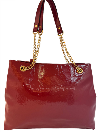 Vintage Anne Klein Patent Leather Satchel – 1980s Maroon Designer Handbag